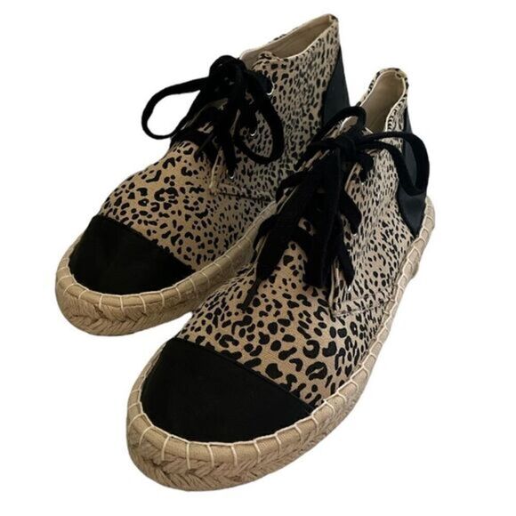 JustFab Parnella‎ Black and Brown Leopard Print Tie Sneakers Espadrille Sz 8.5 - Picture 1 of 11